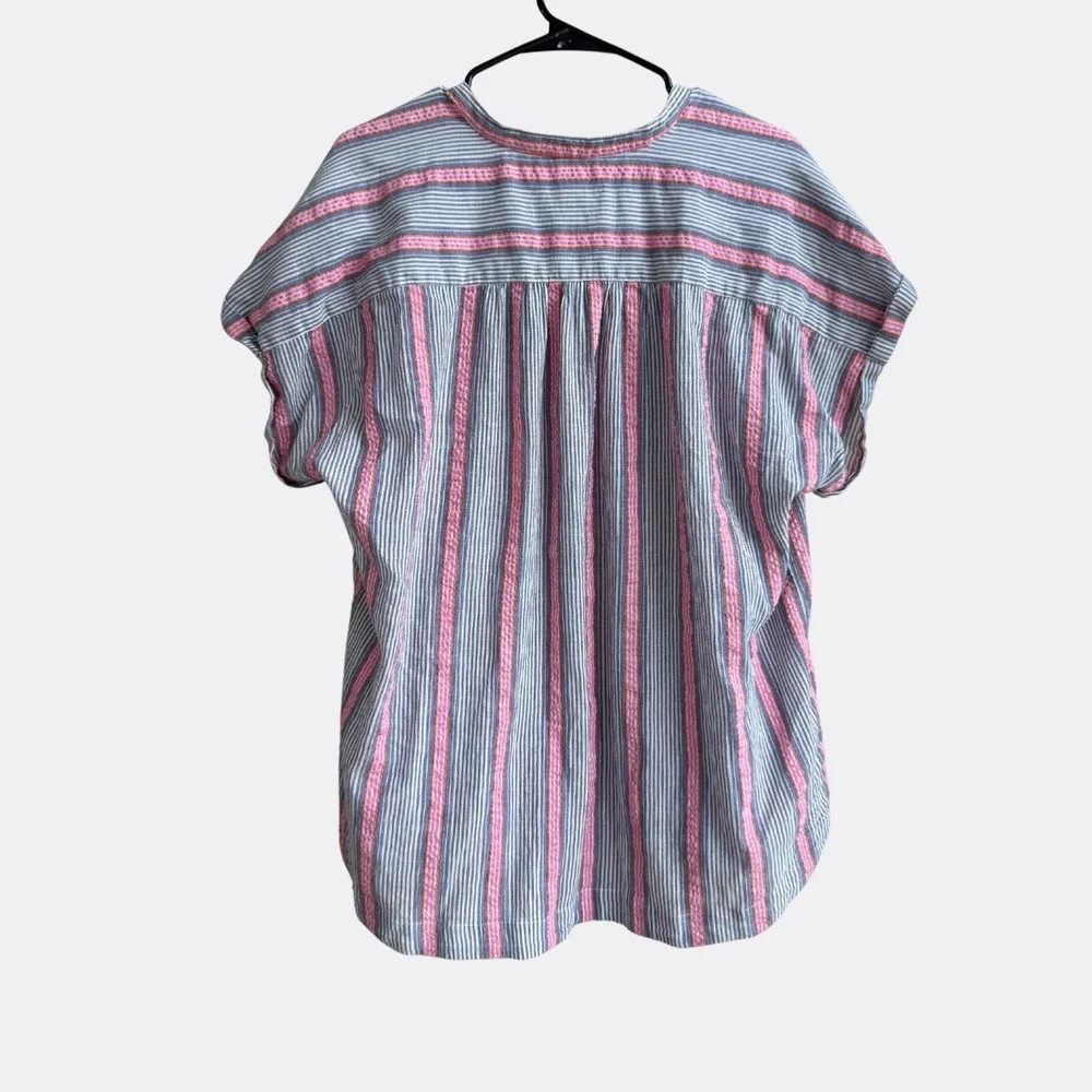 Anthropologie Maeve Stripe Popover Top Short Sleeve Pink Blue 1X Pockets - Picture 2 of 6